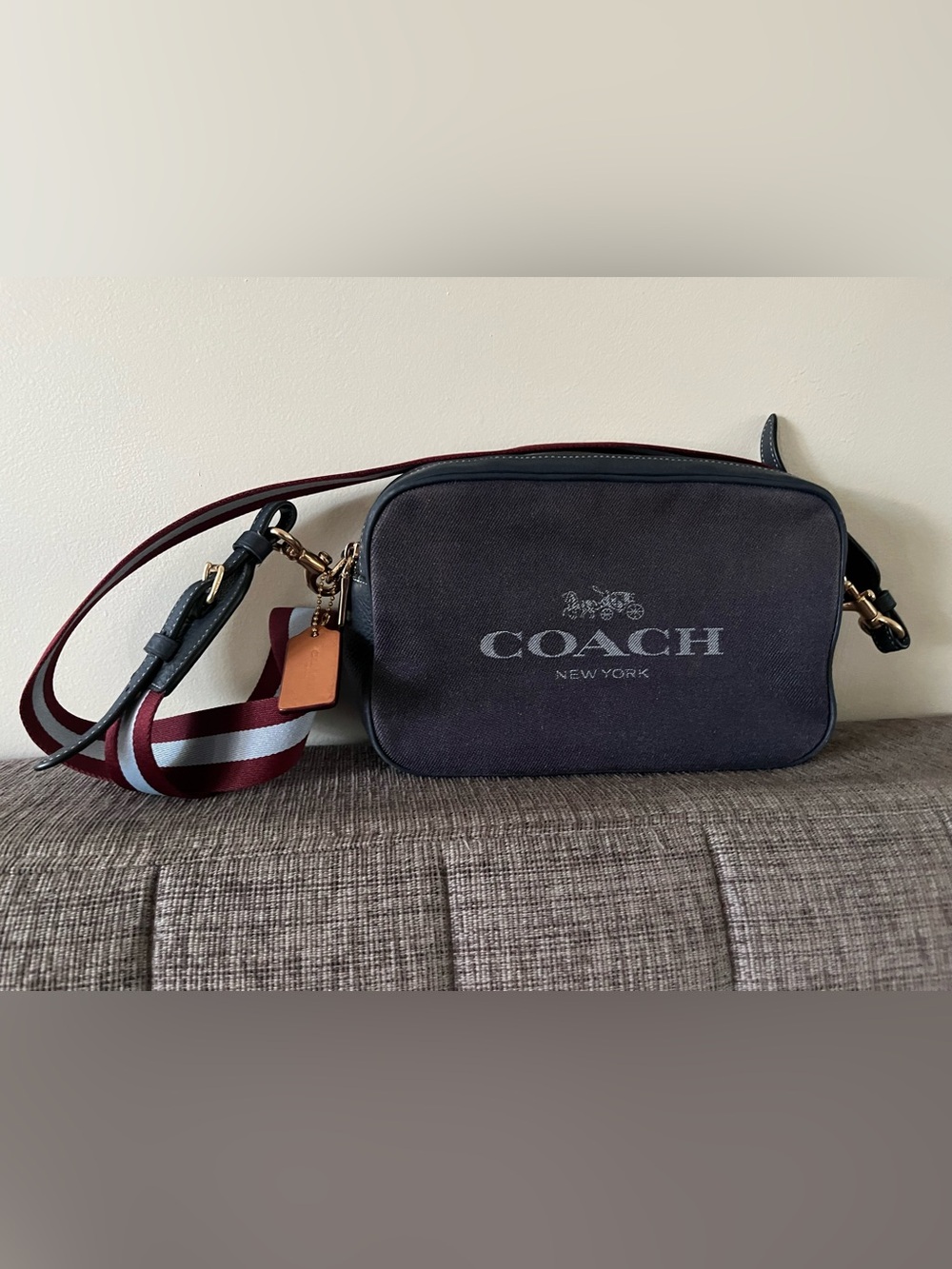 Coach Denim Crossbody Bag with Striped Strap
